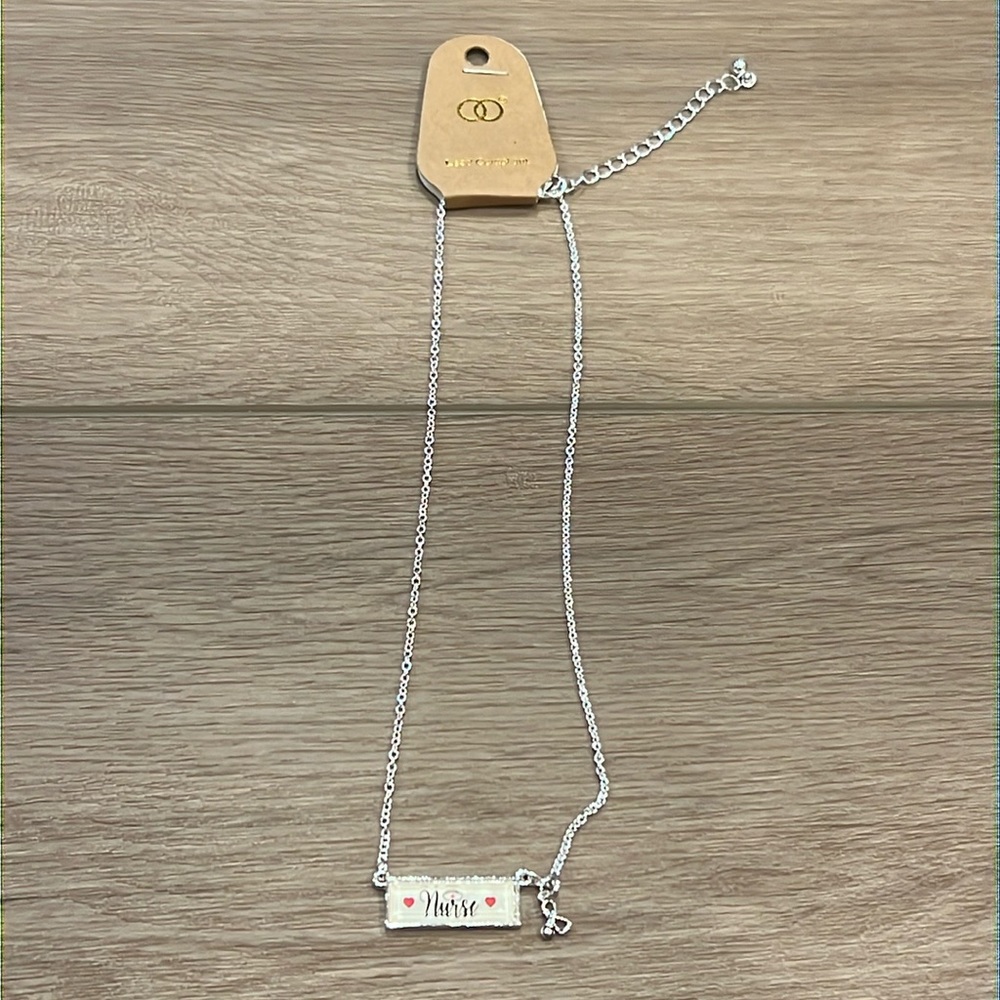 NWT Bar Necklace Engraved w/“Nurse” and Stethoscope Charm, Adjustable Length